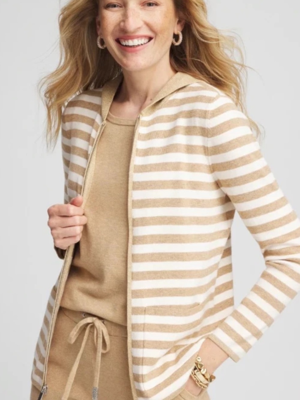 Chicos Striped Hooded Zip Up Sweater Size 2 L Luxe Gold cashmere